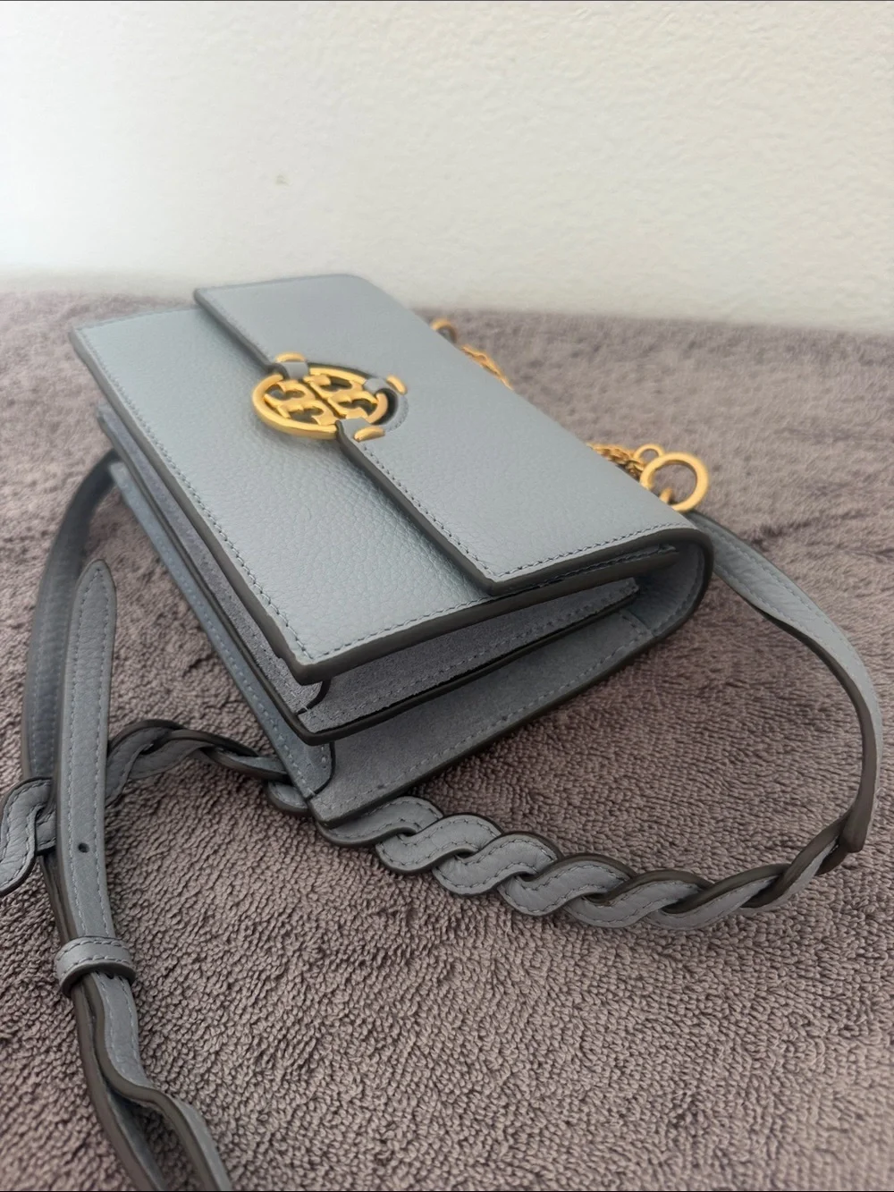✨Tory Burch ✨Gray Fleming Mini Crossbody with Gold Hardware in grey blue